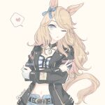  1girl animal_ears bikini bikini_top_only black_choker black_jacket blonde_hair blue_bikini blue_eyes blue_ribbon breasts choker commentary_request crossed_arms denim denim_shorts gloves gold_city_(authentic/1928)_(umamusume) gold_city_(umamusume) gold_necklace hair_ribbon horse_ears horse_girl horse_tail inutose jacket jewelry long_hair necklace one_eye_closed open_clothes open_jacket open_mouth ribbon shorts single_glove solo striped_bikini striped_clothes swimsuit tail umamusume v white_gloves 