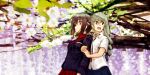  2girls anchovy_(girls_und_panzer) anzio_school_uniform black_jacket black_ribbon blue_skirt breasts brown_eyes brown_hair clenched_teeth closed_mouth commentary_request drill_hair floral_background girls_und_panzer green_eyes hair_between_eyes hair_ribbon hands_on_another's_arm happy highres hug jacket kuromorimine_military_uniform large_breasts long_hair long_sleeves medium_breasts military military_jacket military_uniform miniskirt mizutamari_mari multiple_girls nishizumi_maho open_mouth parted_lips pleated_skirt red_eyes red_shirt red_skirt ribbon school_uniform shirt short_hair short_sleeves skirt smile teeth tree twin_drills twintails white_shirt 