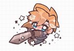  1boy armor blonde_hair blue_eyes blue_jacket blue_pants blush blym7oym7759061 brown_gloves chibi chibi_only cloud_strife crisis_core:_final_fantasy_vii earrings fighting_stance final_fantasy final_fantasy_vii full_body gloves grid_background highres holding holding_sword holding_weapon jacket jewelry looking_at_viewer male_focus pants shinra_infantry_uniform short_hair shoulder_armor solo spiked_hair star_(symbol) stud_earrings sword weapon 