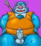  2013 anthro balls blue_body blue_fur clothed clothing dragon_quest edit erection fur genitals humanoid_genitalia humanoid_hands humanoid_penis kemono male mammal orc_(dragon_quest) orc_king_(dragon_quest) overweight overweight_anthro overweight_male penis solo square_enix suid suina sus_(pig) uhokue uncensored video_games weapon wild_boar 