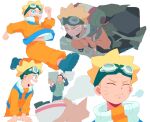  2boys aqua_eyes black_pants black_shirt blonde_hair bowl brown_hair clenched_teeth closed_eyes crying disembodied_hand facial_mark flak_jacket food furrowed_brow goggles goggles_on_head green_vest headband holding holding_bowl jacket jumpsuit konohagakure_shinobi_uniform male_focus midriff_peek multiple_boys multiple_views naruto_(classic) naruto_(series) noodles open-toe_shoes open_mouth orange_jacket orange_jumpsuit orange_pants pants parted_lips ponytail ramen rebekah_jin scar scar_on_face scar_on_nose shirt short_hair sigh smile spiked_hair steaming_food tears teeth umino_iruka uzumaki_naruto vest walking whisker_markings white_background 