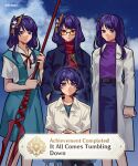  1boy 3girls achievement_unlocked akagi_ritsuko akagi_ritsuko_(cosplay) alternate_costume alternate_universe artist_name belt blue_sky blunt_bangs chair closed_mouth cloud cloudy_sky coat collarbone collared_shirt cosplay doctor dress eints01 english_commentary expressionless fan_hair_ornament game_screenshot genshin_impact hair_between_eyes highres holding holding_polearm holding_weapon ikari_gendou ikari_gendou_(cosplay) ikari_shinji ikari_shinji_(cosplay) in-franchise_crossover jacket lance lance_of_longinus_(evangelion) long_skirt long_sleeves looking_at_viewer makoto_(genshin_impact) male_focus mole mole_under_eye mother_and_son multiple_girls neon_genesis_evangelion on_chair open_clothes open_jacket outdoors pants parody polearm purple_eyes purple_hair raiden_shogun sad scaramouche_(genshin_impact) scene_reference school_uniform shade shirt siblings sisters sitting skirt sky souryuu_asuka_langley souryuu_asuka_langley_(cosplay) sunglasses twins twitter_username weapon white_coat white_shirt 