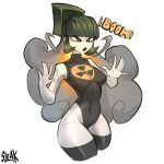  1girl bare_shoulders black_eyes bodysuit bomb breasts explosive green_hair grey_hair highres humanization lips medium_breasts nuclear_weapon original radiation_symbol sleak sound_effects white_background 