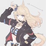  1girl animal_ears bikini bikini_top_only black_choker black_jacket blonde_hair blue_bikini blue_eyes blue_nails blue_ribbon choker commentary_request gloves gold_city_(authentic/1928)_(umamusume) gold_city_(umamusume) hair_ribbon hand_on_own_ear hand_on_own_hip horse_ears horse_girl horse_tail inutose jacket long_hair looking_at_viewer open_clothes open_jacket open_mouth ribbon single_glove solo striped_bikini striped_clothes swimsuit tail umamusume white_gloves 