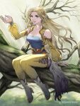  1girl bare_shoulders blonde_hair blue_eyes blue_shirt boots breasts celes_chere commentary_request cropped_vest detached_sleeves earrings final_fantasy final_fantasy_vi full_body hair_ornament highres in_tree jewelry long_hair long_sleeves medium_breasts official_art outstretched_hand panties parted_bangs parted_lips puffy_long_sleeves puffy_sleeves sash shirt sidelocks sitting solo square_enix tree underwear vest waist_sash wavy_hair white_boots yellow_panties yellow_sleeves yellow_vest 