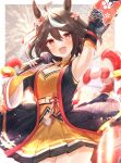  1girl :d absurdres aerial_fireworks ahoge animal_ears arm_up armpits black_hair black_sleeves blurry blurry_foreground breasts chanchanko_(clothes) cleavage commentary_request cowboy_shot detached_sleeves ear_ornament fireworks hair_between_eyes highres holding holding_microphone horse_ears horse_girl kitasan_black_(crowning_ooban)_(umamusume) kitasan_black_(umamusume) kouhaku_nawa long_sleeves medium_breasts microphone multicolored_hair music open_mouth pleated_skirt red_eyes rope shimenawa shirt singing skirt sky_cappuccino sleeveless sleeveless_shirt smile solo streaked_hair umamusume white_streaks yellow_shirt yellow_skirt 