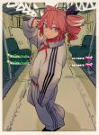  1girl ahoge air_kon alternate_costume border closed_mouth drill_hair grey_jacket hair_ribbon hand_grip hand_in_pocket hand_up highres indoors jacket kasane_teto long_sleeves looking_at_viewer pants pointing pointing_at_self red_eyes red_hair ribbon sideways_glance solo standing track_jacket track_pants train_interior twin_drills utau white_border 