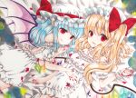  2girls alternate_costume bat_wings blonde_hair blood blood_on_clothes blood_on_hands blue_hair bow choker collared_shirt commentary_request crystal crystal_wings flandre_scarlet hat hat_bow long_hair looking_at_viewer marker_(medium) mob_cap multicolored_wings multiple_girls one_side_up open_mouth pointy_ears puffy_short_sleeves puffy_sleeves red_bow red_eyes remilia_scarlet shirt short_sleeves siblings sisters touhou traditional_media vampire white_choker white_hat wings zenra1112 