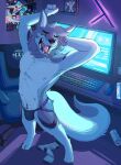 2025 anthro athletic athletic_anthro athletic_male bulge can canid canine canis clothed clothing computer computer_keyboard computer_monitor computer_mouse container domestic_dog electronics footwear gaming_chair hand_behind_head hi_res inside jockstrap jockstrap_only male male_anthro mammal maudoggo nipples open_mouth socks solo standing tail teeth the_finals tongue tongue_out topless topless_anthro topless_male underwear underwear_only yawn