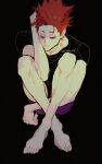  1boy black_background black_shirt boxer_briefs feet full_body haikyuu!! highres male_focus male_underwear purple_male_underwear red_eyes red_hair shirt short_hair sitting solo tendou_satori tkr_241 toenails toes twitter_username underwear 
