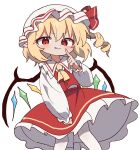  1girl ascot blonde_hair commentary cowboy_shot crystal crystal_wings drill_hair fang fang_out flandre_scarlet hat highres korean_commentary long_sleeves looking_at_viewer magg_(user_mtca8588) mob_cap red_eyes red_ribbon red_skirt red_vest ribbon side_ponytail simple_background skirt skirt_set smile solo touhou vest white_background white_hat wings yellow_ascot 