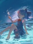 1girl absurdres blue_bow blue_dress blue_eyes blue_hair blue_theme bow bowtie cirno commentary_request dress fireworks frilled_sleeves frills full_body fumo_(doll) hair_bow hand_up head_back highres hyosei_cryselia ice ice_wings knees_up looking_at_viewer on_water parted_lips puffy_short_sleeves puffy_sleeves red_bow red_bowtie shirt short_hair short_sleeves sleeveless sleeveless_dress solo sparkler touhou white_shirt wings 