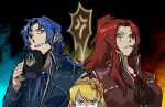  1boy 2girls anger_vein ascot black_ascot blonde_hair blue_ascot blue_coat blue_hair braid brooch chesed_(project_moon) coat commentary_request crown_braid gebura_(project_moon) gem green_eyes grey_eyes hairband heterochromia high_ponytail highres jewelry library_of_ruina long_hair looking_at_viewer low_ponytail medium_hair multiple_girls open_mouth orange_hairband ponytail project_moon red_coat red_gem red_hair smile spoken_anger_vein tiphereth_a_(project_moon) very_long_hair wei_qie_zaisheng 