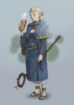  1girl belt blonde_hair blue_capelet blue_robe breasts brown_belt brown_sandals capelet center-flap_bangs choker cleavage commentary dungeon_meshi elf food green_eyes grey_background hair_ribbon highres holding holding_food holding_sandwich holding_staff long_hair marcille_donato medium_breasts open_mouth pointy_ears red_choker red_ribbon ribbon robe sandals sandwich solo staff steaming_food sweetcassava 
