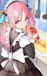  1girl commentary_request food heaven_burns_red highres ketchup_bottle kunimi_tama looking_at_viewer maid maid_headdress omelet omurice pink_eyes pink_hair spatula tsukune2398 twintails 