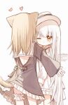  2girls :t animal_ears black_dress brown_eyes brown_hair bunny_girl_(yuuhagi_(amaretto-no-natsu)) cat_ears cat_girl cat_tail closed_mouth commentary_request dress hat heart long_hair long_sleeves multiple_girls one_eye_closed original puffy_long_sleeves puffy_sleeves simple_background sleeves_past_wrists tail very_long_hair waka_(yuuhagi_(amaretto-no-natsu)) white_background white_dress white_hair yuuhagi_(amaretto-no-natsu) 