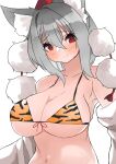  1girl absurdres animal_ears animal_print armpits bangs bare_shoulders bikini breasts cleavage closed_mouth grey_hair highres inubashiri_momiji large_breasts looking_at_viewer navel orange_bikini red_eyes red_headwear regua simple_background solo swimsuit tiger_print touhou white_background white_sleeves wolf_ears wolf_girl 