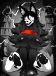 anthro black_body black_fur bodily_fluids bone book bookshelf breasts electricity female fur furniture greyscale hi_res lightning mal0 monochrome pubes scp-1471-a scp_foundation sitting skull skull_head solo sweat tae-moriya window