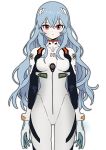  1girl absurdres arms_at_sides ayanami_rei blue_hair blush bodysuit clipse closed_mouth cowboy_shot dot_nose hairpods highres interface_headset_(evangelion) light_frown long_hair looking_at_viewer mecha_pilot_suit neon_genesis_evangelion plugsuit_(evangelion) red_eyes simple_background solo very_long_hair white_background 