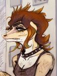 alternative_fashion anthro bodily_fluids clothing collar female lizard looking_at_viewer makeup mixed_media nervous nervous_sweat punk reptile scalie shirt solo spiked_collar spikes sweat tank_top teeth topwear vandclash