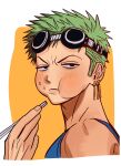  1boy blue_shirt blush chewing chopsticks closed_mouth commentary_request earrings food food_on_face goggles goggles_on_head green_hair highres holding holding_chopsticks jewelry korean_commentary looking_at_viewer male_focus medium_sideburns multiple_earrings official_alternate_costume one_piece passyget3 piercing rice rice_on_face roronoa_zoro shirt short_hair sideburns solo tank_top 