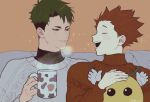  2boys blush christmas_sweater closed_eyes commentary_request cup green_eyes green_hair grey_sweater haikyuu!! highres light_smile looking_at_another male_focus mug multiple_boys open_mouth red_hair short_hair sparkle sweater tendou_satori tkr_241 turtleneck turtleneck_sweater twitter_username ushijima_wakatoshi yaoi 