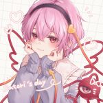  1girl black_hairband blue_shirt closed_mouth drawn_heart grid_background hair_between_eyes hair_ornament hairband hands_on_own_cheeks hands_on_own_face heart heart_hair_ornament highres komeiji_satori lace-trimmed_hairband lace_trim long_sleeves looking_at_viewer oshamu pink_eyes pink_hair puffy_long_sleeves puffy_sleeves satori_day shirt short_hair smile solo third_eye touhou twitter_username upper_body white_background 