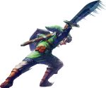  1boy absurdres arm_up armor belt blonde_hair blue_eyes blue_gem boots brown_boots brown_gloves chainmail closed_mouth fighting_stance fingerless_gloves from_behind full_body gem gloves goddess_sword green_hat green_tunic grey_pants hat heel_up highres holding holding_shield holding_sword holding_weapon knee_boots layered_sleeves leaning_forward legs_apart link long_sleeves looking_at_viewer looking_back male_focus motion_lines official_art outstretched_arm pants pouch profile sheath shield short_hair short_over_long_sleeves short_sleeves sidelocks solo standing sword takumi_wada the_legend_of_zelda the_legend_of_zelda:_skyward_sword third-party_source tunic undershirt vambraces weapon 