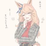  1girl animal_ears blonde_hair blue_ribbon closed_eyes commentary_request ear_ribbon gold_city_(casual)_(umamusume) gold_city_(umamusume) gold_necklace grey_jacket horse_ears horse_girl horse_tail inutose jacket jewelry long_hair necklace official_alternate_costume open_mouth red_sweater ribbon solo sweater tail turtleneck turtleneck_sweater umamusume 