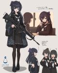  3girls absurdres artist_logo artist_name assault_rifle back_bow black_bow black_hair black_pantyhose black_sailor_collar black_serafuku black_skirt blank_eyes blue_eyes blue_haori bow brown_hair chest_rig commentary_request gun hair_bow haori highres holding holding_gun holding_weapon howa_type_89 japanese_clothes logo long_hair mole mole_on_cheek multiple_girls neckerchief open_mouth original pantyhose pleated_skirt ponytail rifle sailor_collar school_uniform scope serafuku short_hair skirt smile soruto_0w98e tactical_school_uniform translation_request twitter_username weapon white_neckerchief 