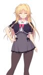  1girl arm_at_side black_bow black_jacket black_pantyhose black_ribbon blonde_hair bow bowtie breasts brown_pantyhose clenched_teeth closed_eyes contrapposto cropped_jacket erika_la_etienne facing_viewer feet_out_of_frame frilled_skirt frills furrowed_brow game_cg grey_skirt hair_between_eyes hair_intakes hand_on_own_hip high-waist_skirt jacket kourin_tenshi_en_ciel_rena lace-trimmed_skirt lace_trim large_breasts large_variant_set legs_apart long_hair miniskirt non-web_source official_art open_mouth pantyhose parted_lips pink_bow pink_bowtie pleated_skirt puffy_short_sleeves puffy_sleeves ribbon sailor_collar saitou_natsuki school_uniform self-datamine shirt short_sleeves sidelocks simple_background skirt solo standing suhamaya tachi-e teeth transparent_background variant_set white_background white_sailor_collar white_shirt 