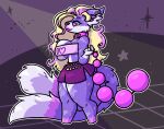 2025 2_tails anal_beads anthro beads big_breasts bimbo_(fashion) bimbo_anthro bimbo_tanti blonde_hair bottomwear breasts canid canine chibi clothed clothing collar colored colored_nails cosmic_background cosmic_fur digital_drawing_(artwork) digital_media_(artwork) dipstick_tail eyebrows eyelashes female fluffy fluffy_tail fox fur gloves_(marking) hair heart_symbol hi_res huge_breasts jjayvian lips long_hair looking_at_viewer makeup mammal markings multi_tail multicolored_body multicolored_fur multicolored_hair multicolored_tail nails piercing pink_hair pink_theme purple_body purple_fur sex_toy side_view simple_background skirt solo star_ear_ring starry_background tail tail_markings thick_lips thick_thighs topwear tube_top walking white_body wide_hips widescreen