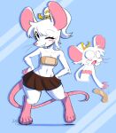 2026 anthro band-aid band-aid_on_breast bandage blush blush_stickers bottomwear brown_bottomwear brown_clothing brown_skirt buckteeth clothing crotch_lines digital_media_(artwork) female fur hi_res iseenudepeople mammal micy_(iseenudepeople) midriff mouse murid murine one_eye_closed pain rodent signature skirt tearing_fur teeth white_body white_fur wink