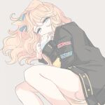  1girl animal_ears bikini bikini_top_only black_choker black_jacket blonde_hair blue_bikini blue_eyes blue_ribbon breasts choker commentary_request gold_city_(authentic/1928)_(umamusume) gold_city_(umamusume) gold_necklace hair_ribbon horse_ears horse_girl horse_tail inutose jacket jewelry long_hair lying necklace on_side open_clothes open_jacket ribbon solo striped_bikini striped_clothes swimsuit tail umamusume 