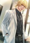  1boy alternate_costume alternate_hairstyle artist_logo badeni belt black_belt black_pants black_shirt blonde_hair chi.:_chikyuu_no_undou_ni_tsuite commentary_request contemporary glasses hand_in_pocket highres id_card_in_pocket iorbtyn lab_coat lanyard logo male_focus medium_hair pants ponytail shirt shirt_tucked_in short_ponytail solo 