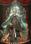 1girl absurdly_long_hair aqua_eyes aqua_hair arms_up artist_name bare_shoulders black_bow black_bowtie black_dress black_skirt blue_eyes bow bowtie branch candle candlestand capelet chinese_commentary closed_mouth commentary_request curtains detached_sleeves dress drill drill_hair english_text flower frilled_capelet frilled_dress frilled_hair_tie frilled_hairband frilled_headwear frilled_skirt frills full_body gloves green_eyes green_hair hair_bow hair_flower hair_ornament hair_ribbon hairband hatsune_miku high_heels highres holding indoors jewelry lantern light_bulb long_hair long_sleeves looking_at_viewer mirror nail_polish pearl_body_chain ribbon rose see-through_clothes see-through_dress see-through_skirt sitting skirt smile solo stage standing tachi-e thorns toto_(caaaaarrot) twin_drills twintails very_long_hair vocaloid white_capelet white_dress window 