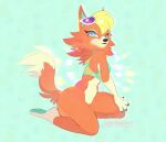 2020 animal_crossing anthro audie_(animal_crossing) black_nose blonde_hair bottomless bottomless_anthro bottomless_female canid canine canis cheek_tuft claws clothed clothing countershade_torso countershading dipstick_tail eyewear eyewear_on_head facial_markings facial_tuft female finger_claws fur hair head_markings hi_res kneeling leg_markings mammal markings muzzle_(marking) nintendo orange_body orange_fur pawpads saberghatz socks_(marking) solo sunglasses sunglasses_on_head tail tail_markings teal_bikini_top teal_eyes teal_inner_ear teal_pawpads tuft wearing_sunglasses wolf yellow_eyelids