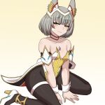  1girl :3 absurdres adapted_costume animal_ear_fluff animal_ears black_pantyhose breasts cat_ears cat_girl collarbone commentary english_commentary gradient_background grey_hair high_heels highres looking_at_viewer nia_(xenoblade) pantyhose pink_lips raised_eyebrows short_hair sitting small_breasts solo wariza xenoblade_chronicles_(series) xenoblade_chronicles_3 yellow_background yellow_eyes zerocgm 