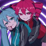  2girls ahoge aqua_eyes aqua_hair aqua_jacket black_skirt black_sleeves breasts bright_pupils commentary drill_hair hand_on_another's_cheek hand_on_another's_face hatsune_miku highres hitorikanawo jacket kasane_teto kasane_teto_(utau) large_breasts long_hair looking_at_viewer medium_hair multiple_girls official_art pleated_skirt purple_background red_eyes red_hair red_jacket sexy_minus_(vocaloid) skirt smile smug teeth twin_drills utau vocaloid white_pupils white_trim 