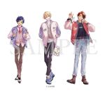  alternate_costume arms_behind_back astel_leda bag belt black_hair black_pants black_shirt black_streaks blonde_hair blonde_streaks blue_eyes blue_hair blue_pants blue_shoes brown_pants brown_shoes buttons cable_knit chain chain_necklace character_doll chashibu collared_shirt copyright_notice cup denim disposable_coffee_cup disposable_cup doll double-breasted finger_to_cheek heterochromia hiyamaru holding holding_bag holding_cup holostars jacket jeans jewelry kishido_temma layered_sleeves letterman_jacket male_focus mole mole_under_eye multicolored_hair multiple_boys necklace necktie official_art open_clothes open_shirt orange_eyes orange_hair orange_jacket pants patch plaid_clothes plaid_pants purple_eyes purple_jacket red_necktie sample_watermark shirt shoes short_hair sneakers streaked_hair suntempo sweater_vest torn_clothes torn_jeans torn_pants vest virtual_youtuber watermark white_jacket white_shirt yukoku_roberu 