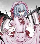  1girl ascot bat_wings blue_hair brooch center_frills clothes_lift collared_shirt commentary_request cowboy_shot frilled_wrist_cuffs frills hair_between_eyes hat highres jewelry looking_at_viewer mob_cap parted_lips pink_hat pink_shirt pink_skirt pink_wrist_cuffs puffy_short_sleeves puffy_sleeves red_ascot red_eyes remilia_scarlet shirt short_sleeves skirt skirt_lift skirt_set smile solo standing touhou wings wrist_cuffs z_(xhs_8778151216) 