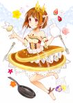  1girl absurdres ankle_ribbon barefoot bow brown_bow brown_hair brown_skirt checkered_clothes checkered_dress cherry_blossoms commentary_request crown detached_sleeves dress egg flower food food-themed_clothes fork frills fruit frying_pan full_body hair_bow highres icing_trim jewelry knife layered_skirt leg_ribbon looking_to_the_side milk morinaga_(brand) necklace original pancake personification pink_flower pink_rose red_eyes ribbon rose short_hair shuu_(syuuuuuuuuuu) skirt solo strapless strapless_dress strawberry striped_bow whipped_cream wings 