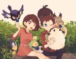  1boy 1girl :d alternate_eye_color bangs berry_(pokemon) blipbug blue_eyes bright_pupils brown_eyes brown_hair budew commentary_request dated eyelashes feeding gloria_(pokemon) holding jiugong_chi looking_at_viewer open_mouth oran_berry pants pokemon pokemon_(creature) pokemon_(game) pokemon_swsh red_shirt rookidee shirt short_hair sitting skwovet smile tongue twitter_username victor_(pokemon) white_pupils wooloo 