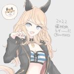  1girl animal_ears bikini bikini_top_only black_choker black_jacket blonde_hair blue_bikini blue_eyes blue_nails blue_ribbon breasts choker claw_pose commentary_request ear_covers gold_city_(authentic/1928)_(umamusume) gold_city_(umamusume) gold_necklace hair_ribbon horse_ears horse_girl horse_tail inutose jacket jewelry long_hair necklace open_clothes open_jacket open_mouth red_nails ribbon solo striped_bikini striped_clothes swimsuit tail umamusume 