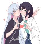  2girls absurdres black_hair black_shirt blue_eyes blue_shirt blush cheek-to-cheek chinese_commentary cho_kaguya-hime! closed_mouth colored_inner_hair commentary_request green_eyes heads_together heart heart_hands heart_in_heart_hands highres lab_coat lean13179592 long_hair looking_at_viewer mole mole_under_eye multicolored_hair multiple_girls one_eye_closed pink_hair runami_yachiyo sakayori_iroha shirt simple_background v wavy_mouth white_background white_hair yuri 