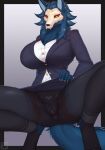  absurd_res anthro anus big_breasts blue_body blue_fur breasts butt canid canine canis claws clothing dress elvia female fur genitals hi_res mammal omega56 pussy solo wolf yellow_eyes 