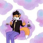 2015 alcohol anthro beverage black_eyes black_nose canid canine cigar clothed clothing cloud dipstick_ears dipstick_tail facial_hair fox fredryk_phox_(character) fully_clothed fur gesture hair hi_res male mammal markings middle_finger multicolored_body multicolored_ears multicolored_fur multicolored_hair sitting smile smoking solo tail_markings teeth_showing trailofsevens two_tone_body two_tone_fur two_tone_hair unknown_artist 
