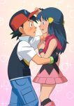  1boy 1girl absurdres ash_ketchum bangs baseball_cap black_gloves black_hair black_legwear black_shirt blue_pants blush boots commentary_request dawn_(pokemon) eye_contact fingerless_gloves from_side gloves hair_ornament hairclip hat highres jacket kneehighs long_hair looking_at_another miraa_(chikurin) pants pink_footwear pink_scarf pink_skirt pokemon pokemon_(anime) pokemon_dppt_(anime) red_headwear scarf shirt short_hair short_sleeves skirt sleeveless sleeveless_shirt spiked_hair sweatdrop 