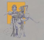 anthro bandage belt butt cellulite digitigrade duo facial_piercing flowerdino half-closed_eyes hi_res hood invalid_tag male medieval melee_weapon monochrome narrowed_eyes nose_piercing nose_ring piercing polearm ring_piercing scythe spot_color tail weapon