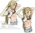  1boy ahoge arms_behind_head blonde_hair chest_harness clenched_teeth commentary edward_elric fullmetal_alchemist grey_male_underwear hair_tie_in_mouth hands_in_own_hair harness highres long_hair male_focus male_underwear mechanical_arms mouth_hold multiple_views navel okbdko123 parted_bangs parted_lips ponytail prosthesis prosthetic_arm single_mechanical_arm solo teeth topless_male underwear untranslatable_commentary upper_body white_background yellow_eyes 